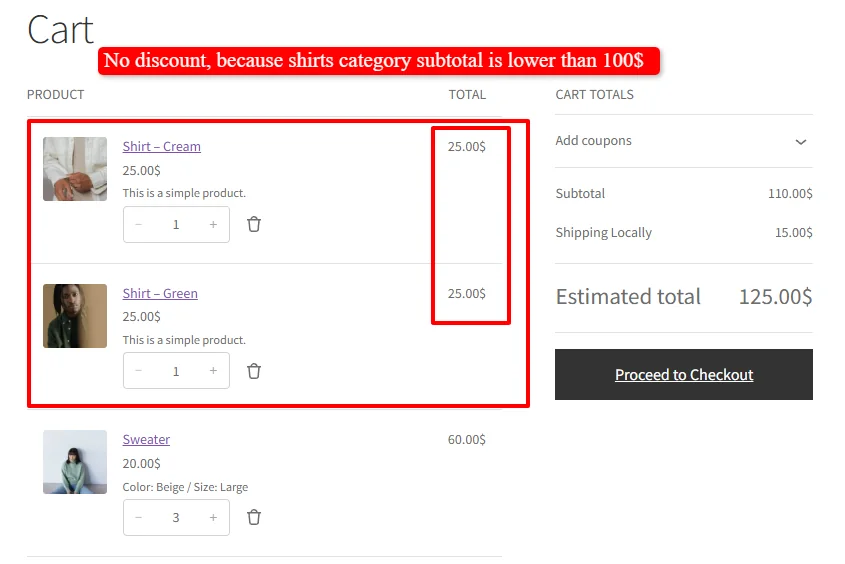 No discount below minimum spend for selected items