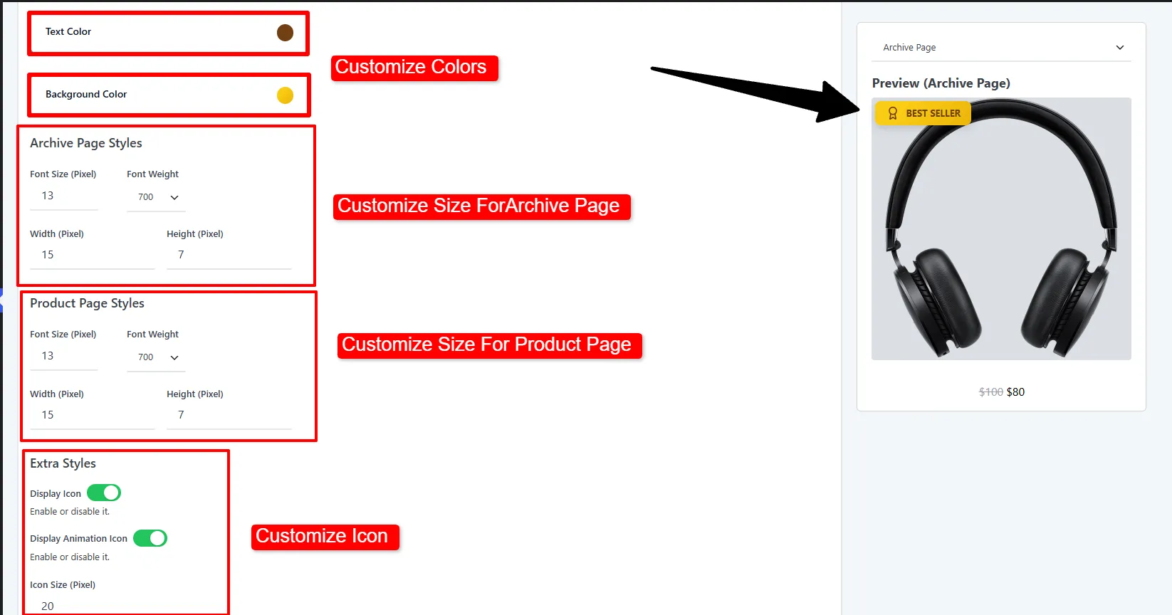 Modern badge advanced options: colors, archive & product sizes, and icon