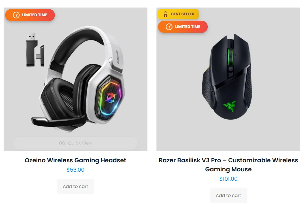 Modern badges on the storefront: LIMITED TIME and BEST SELLER on gaming products