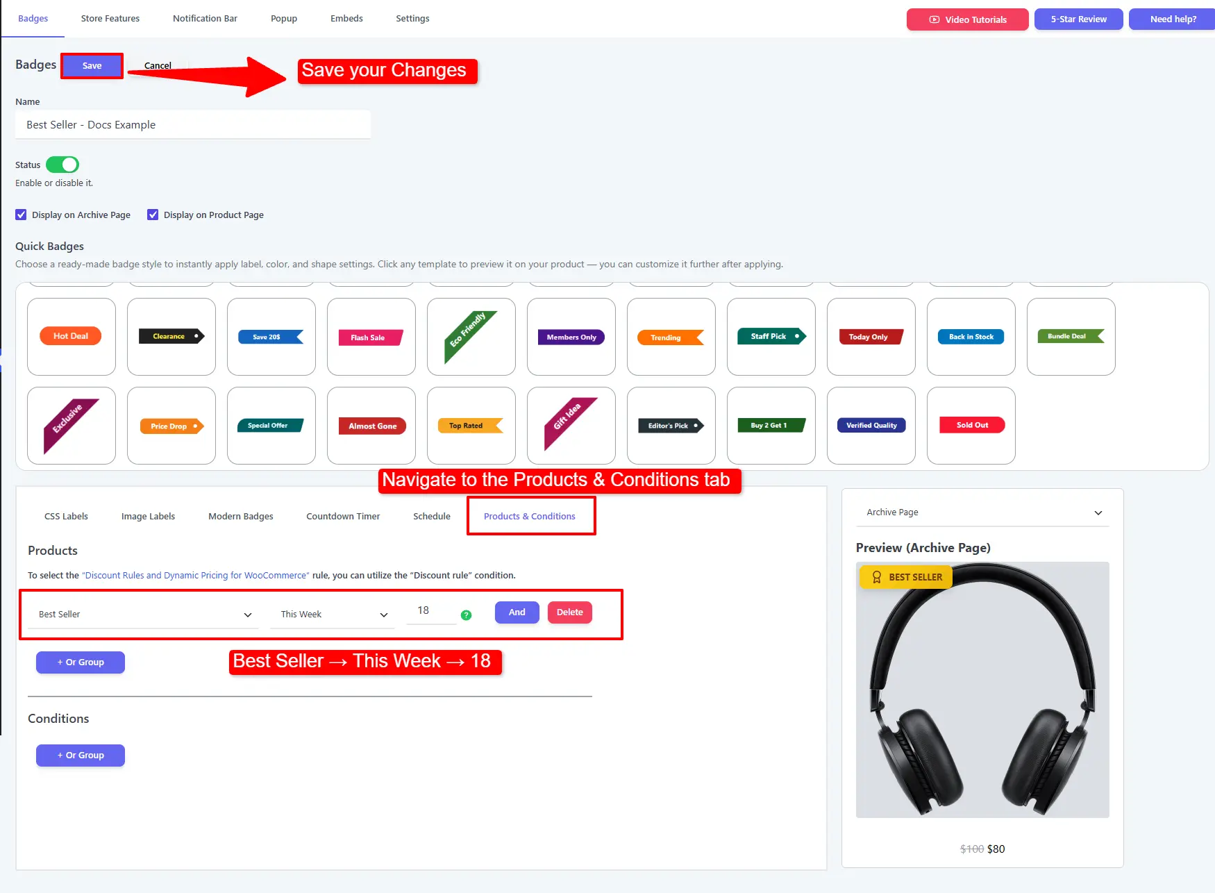 Products & Conditions tab with a Best Seller → This Week → top 18 rule