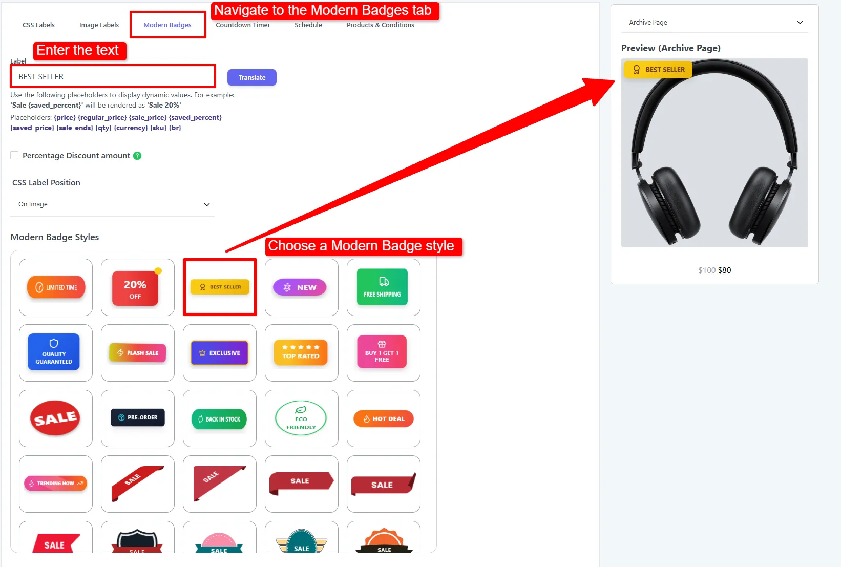 Modern Badges tab: Label field and the Modern Badge Styles gallery