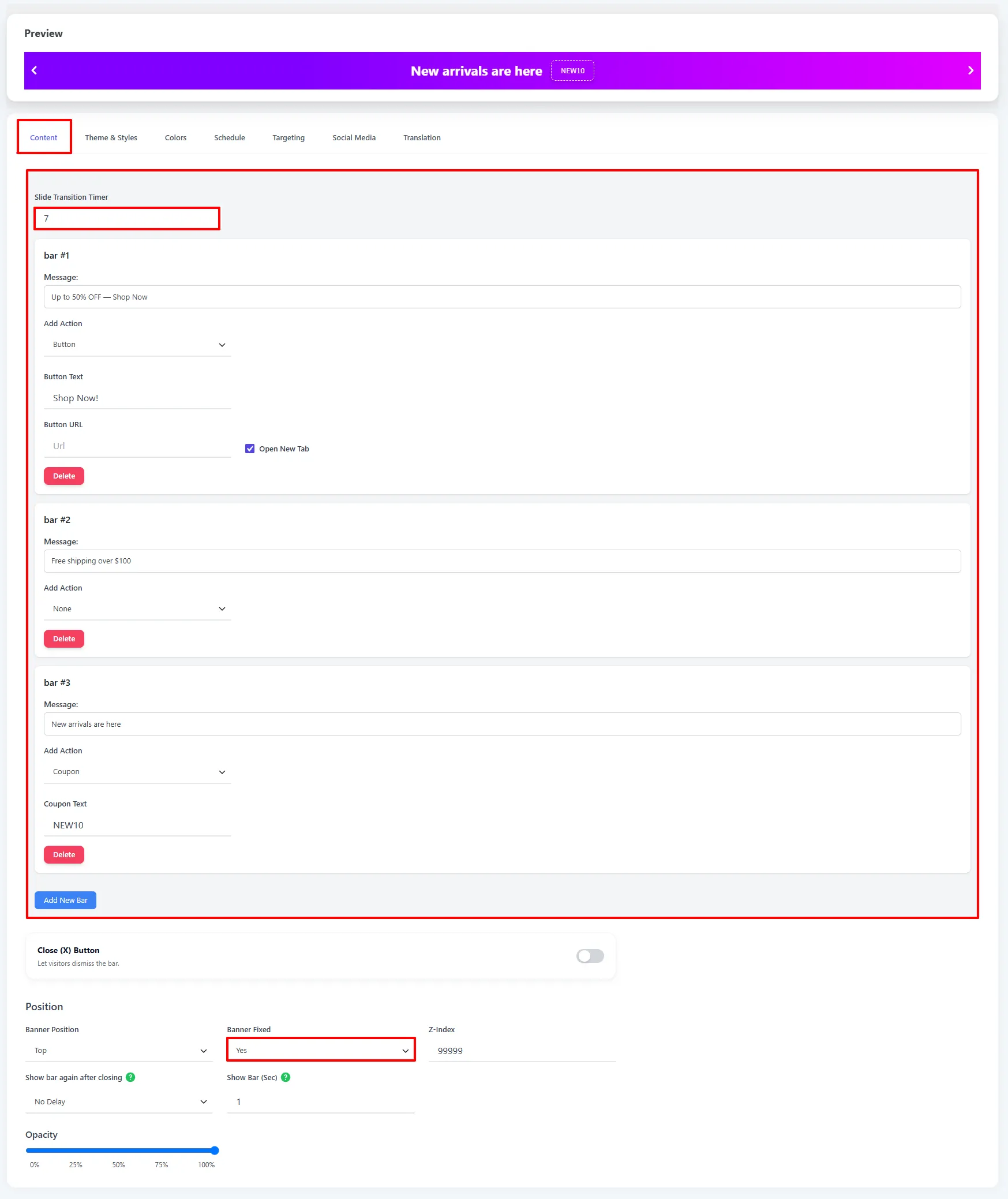 Multi Bar Content tab: transition timer and three bars, each with its own action