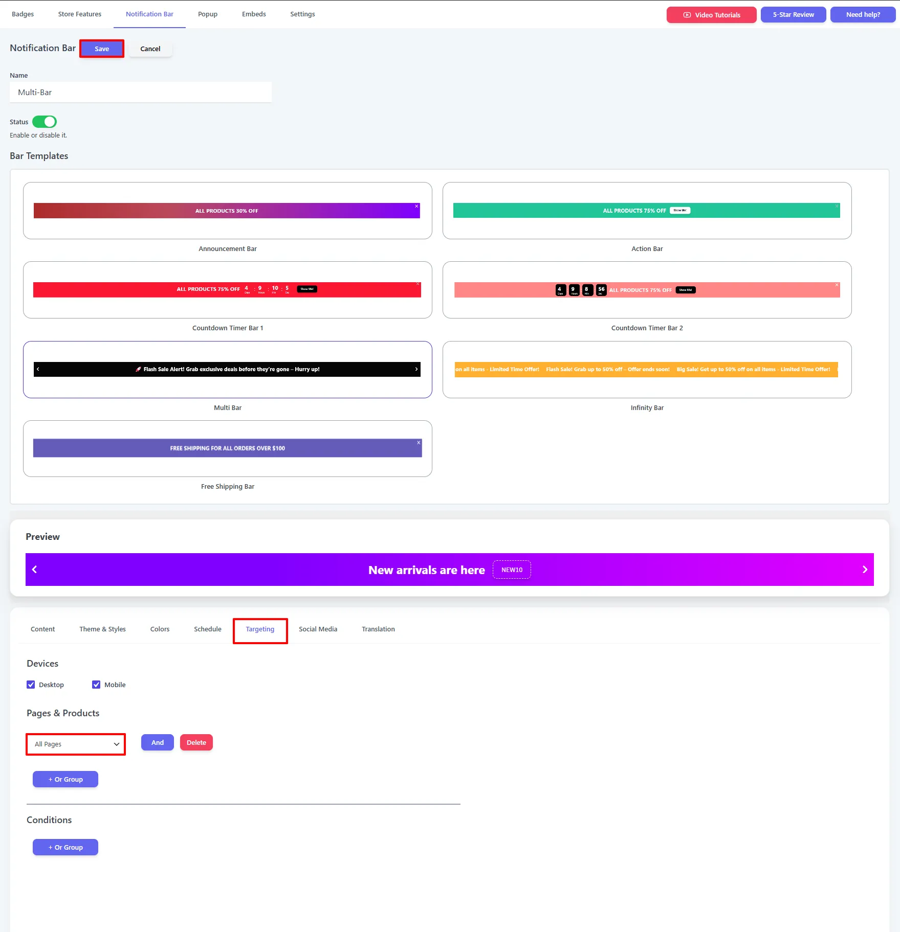 Multi Bar Targeting tab: devices and page rules