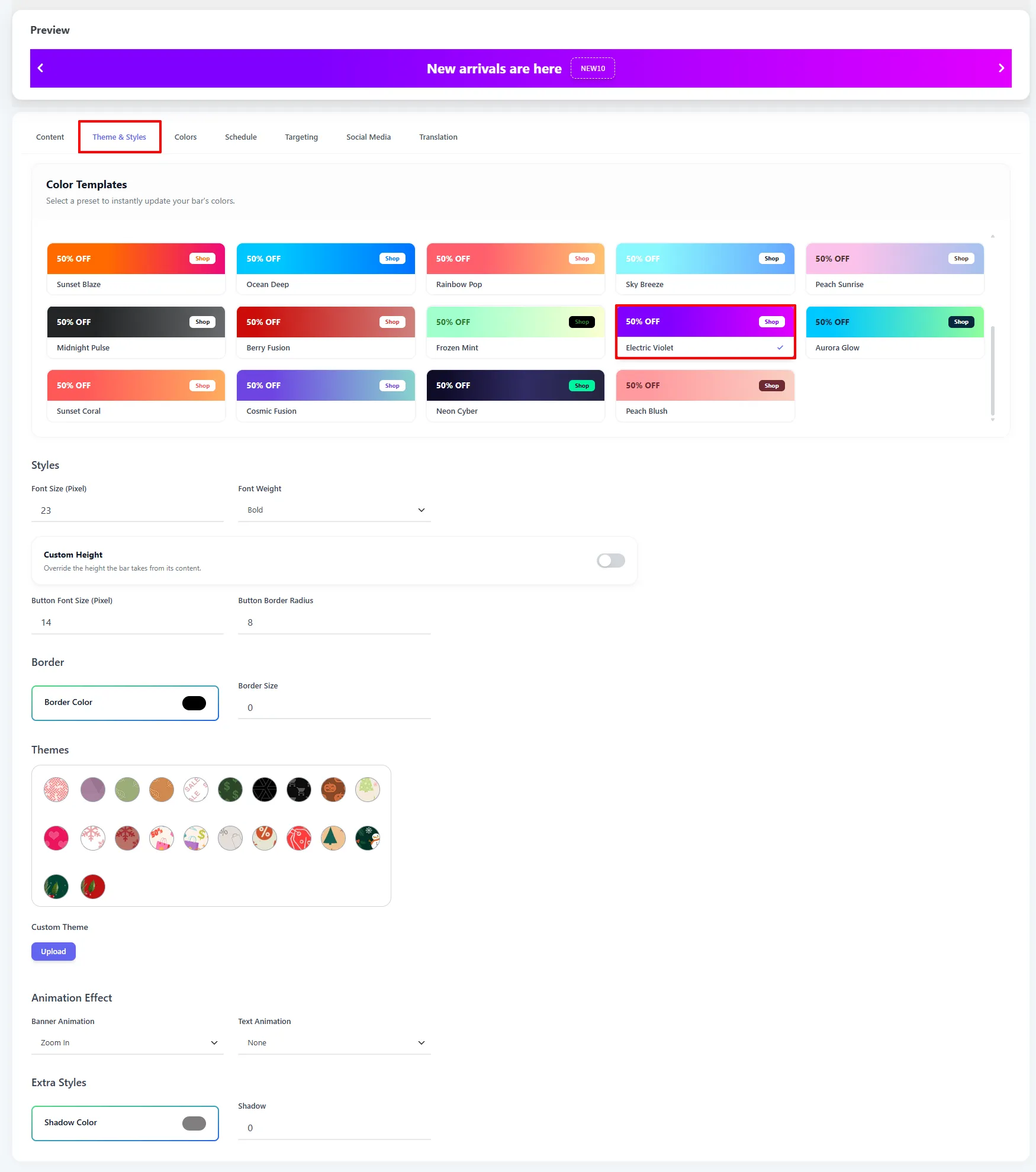 Multi Bar Theme & Styles tab: color templates and style options