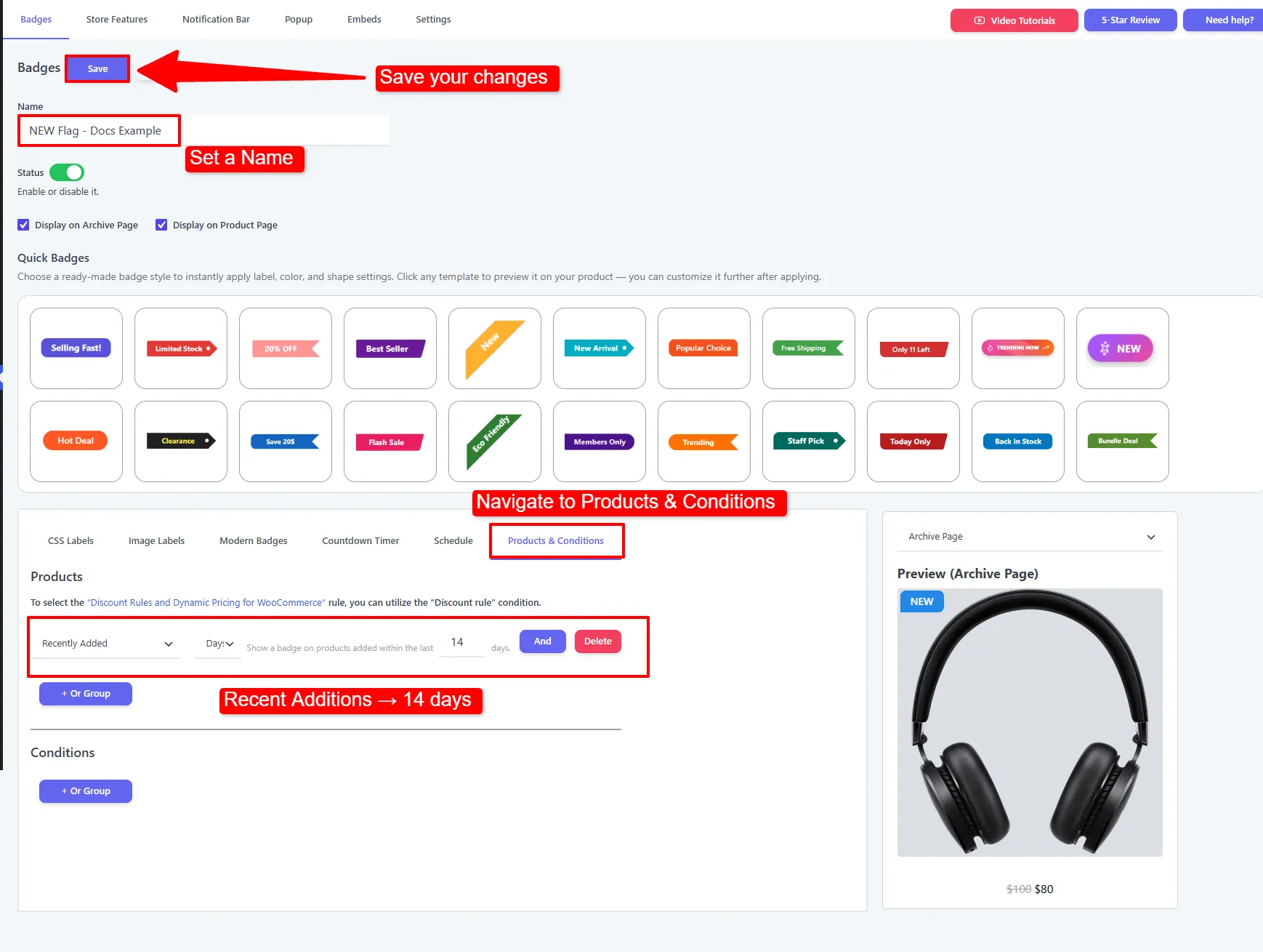 Products &amp; Conditions tab showing the Recently Added rule