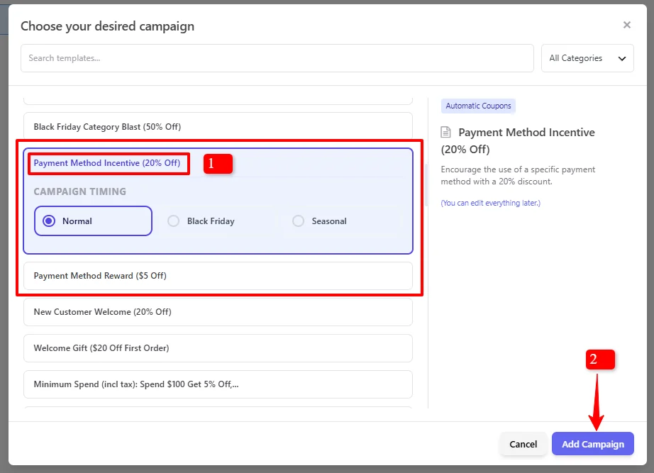 Payment Method Incentive template