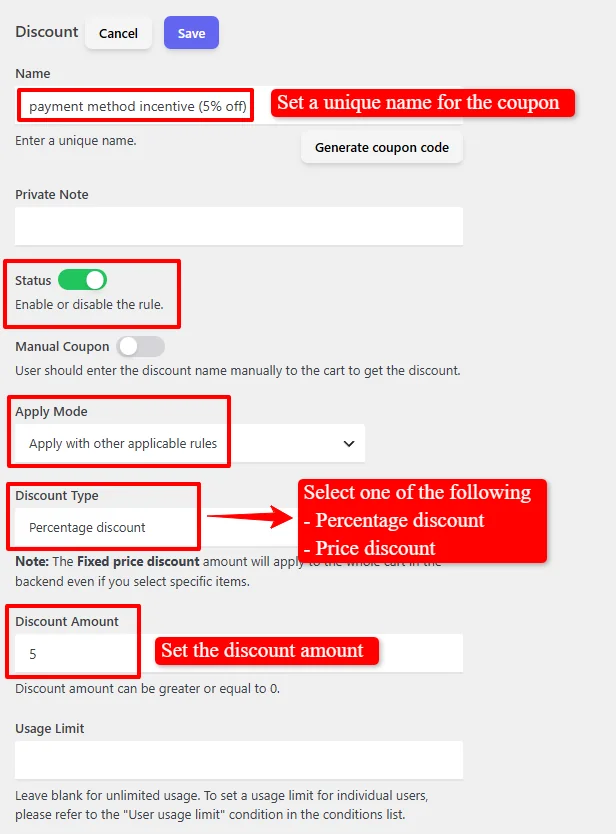 Payment method discount configuration