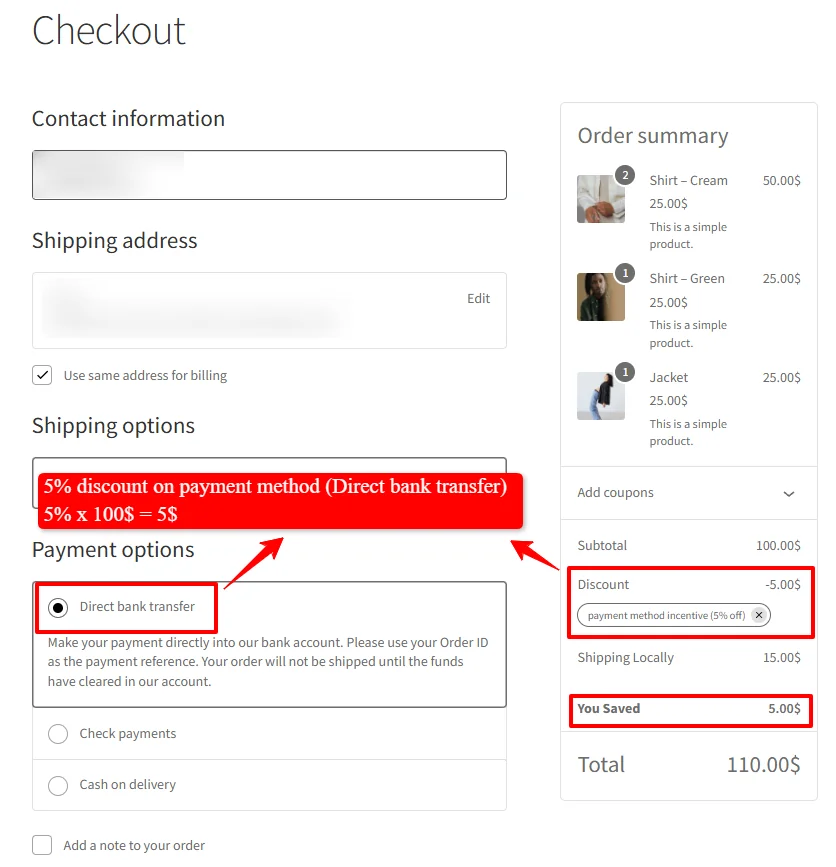 Payment method discount at checkout