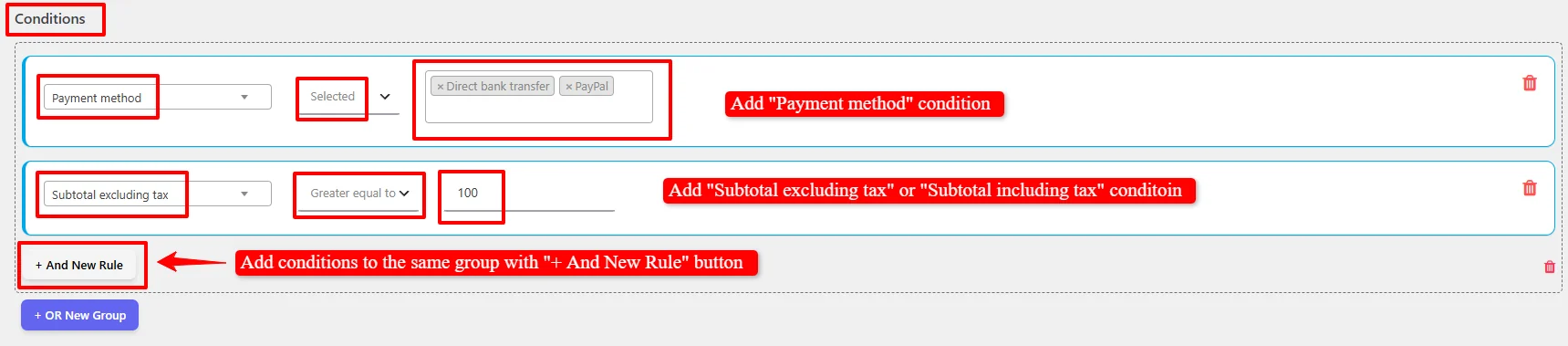Select payment methods and minimum order conditions