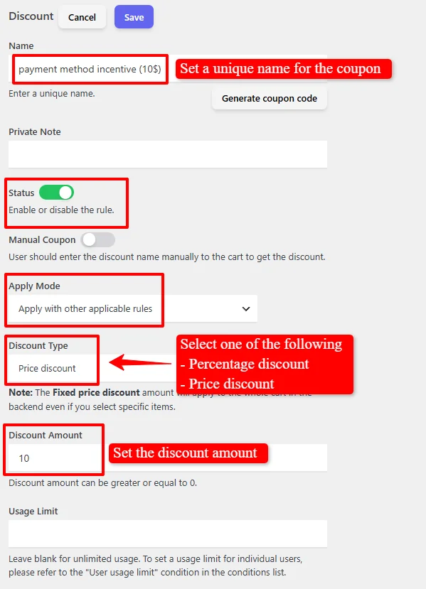 Payment method discount configuration