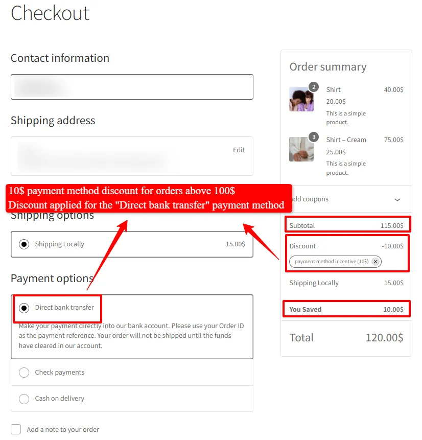 Payment method discount at checkout