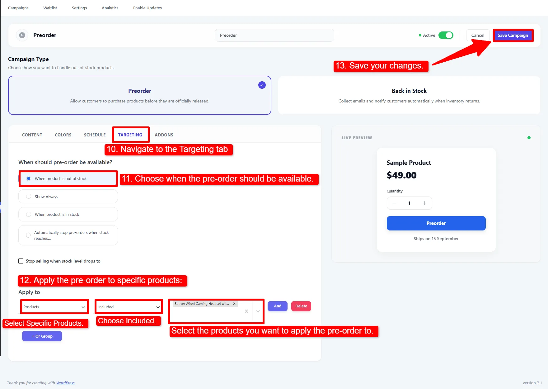 The Targeting tab showing preorder availability options and product targeting