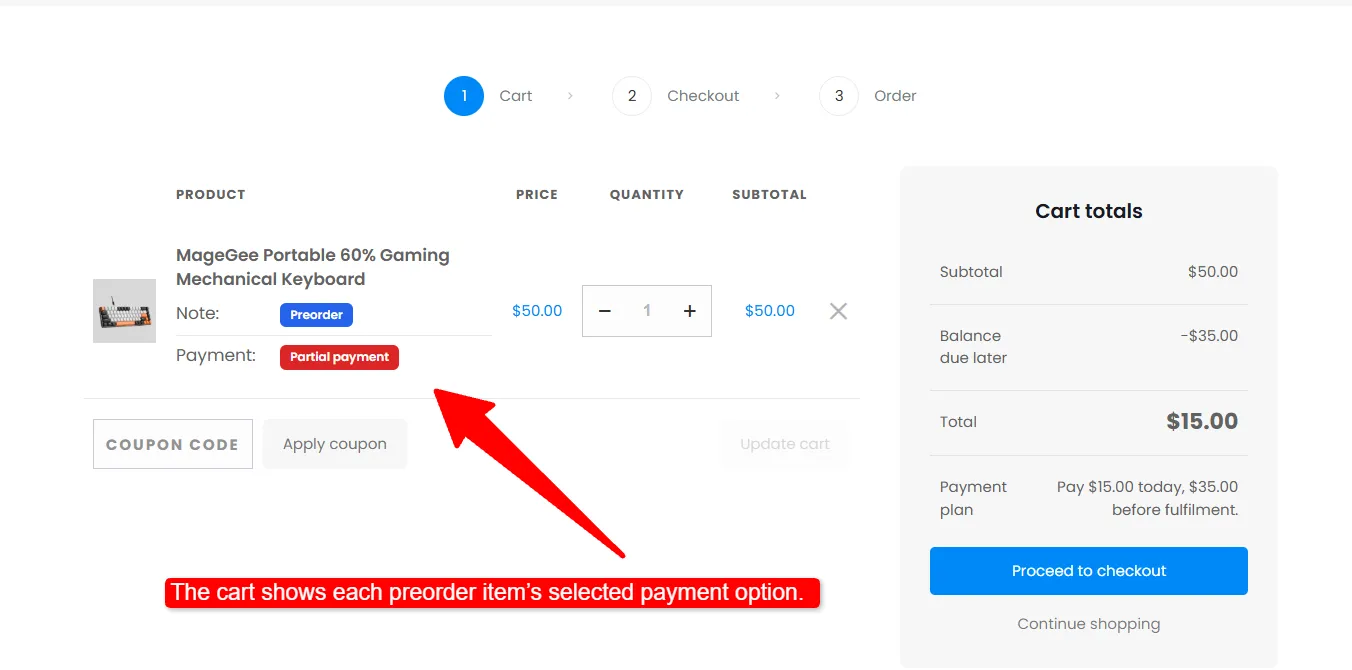 Cart showing a partial-payment preorder and the balance due later