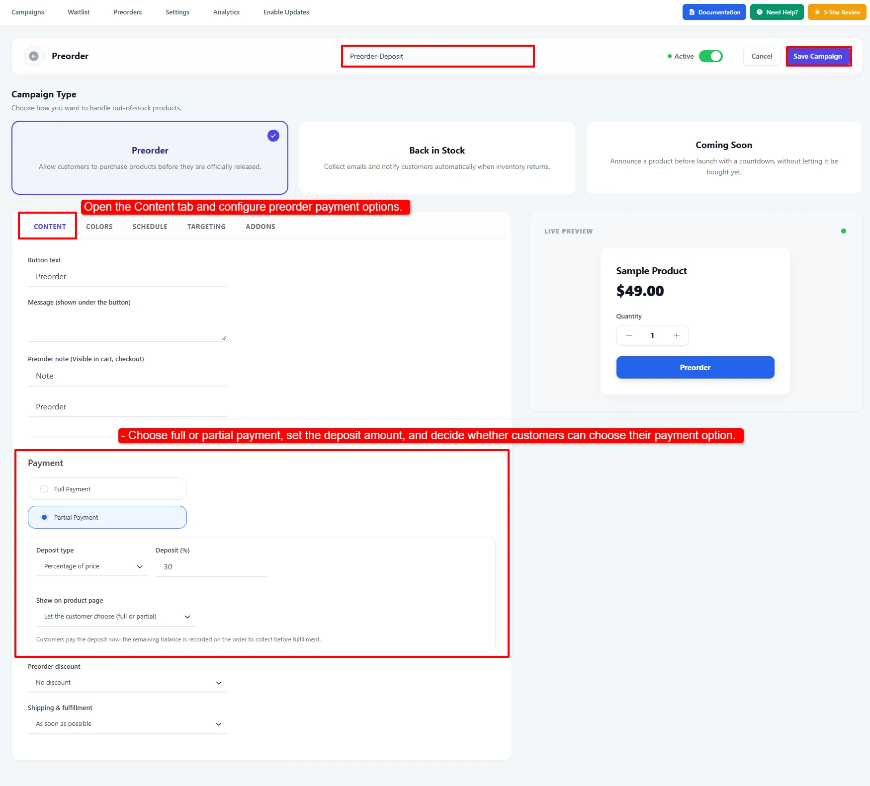 Partial Payment settings on a Preorder campaign's Content tab
