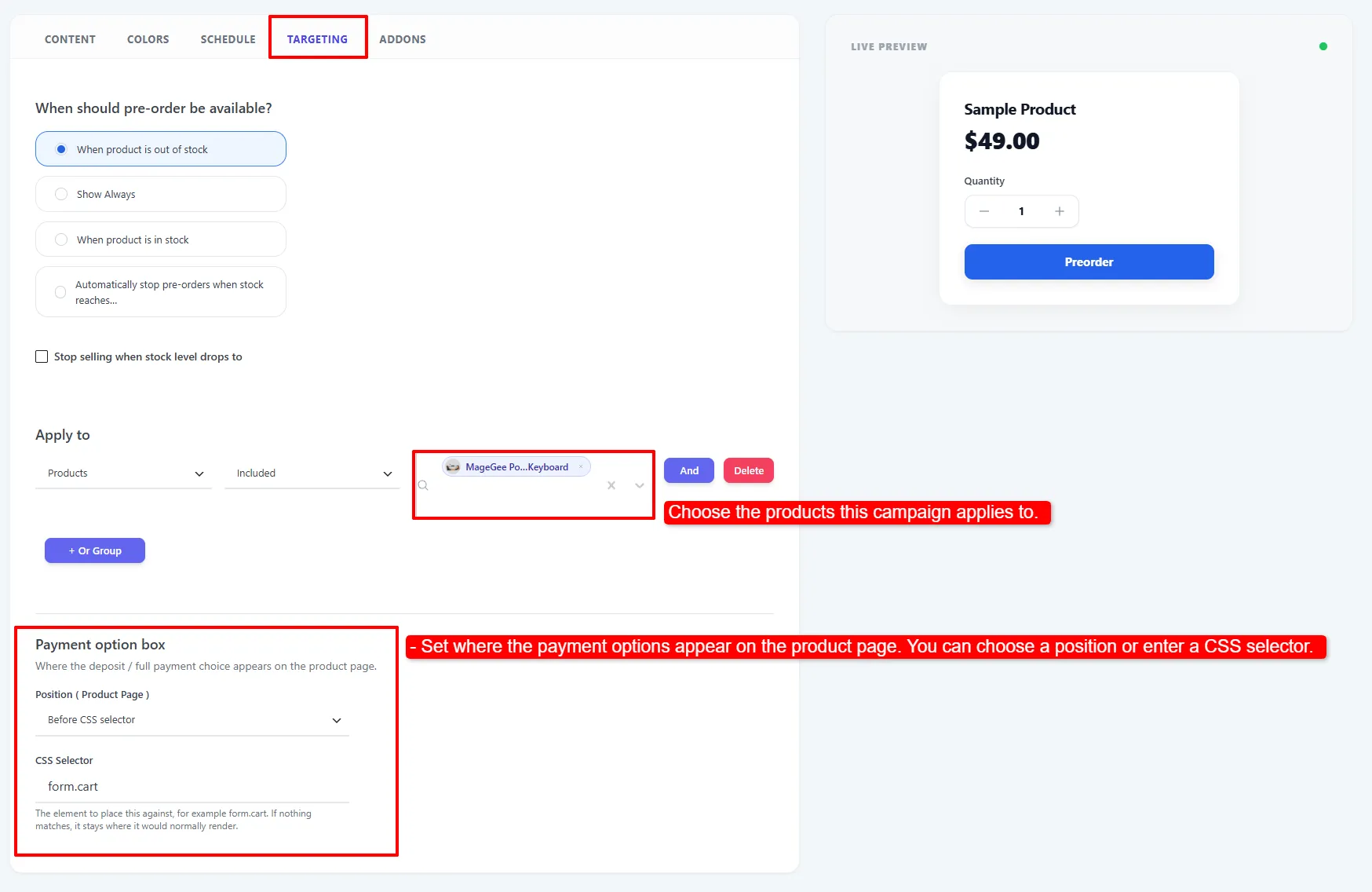 Preorder Targeting tab with product selection and payment option box placement