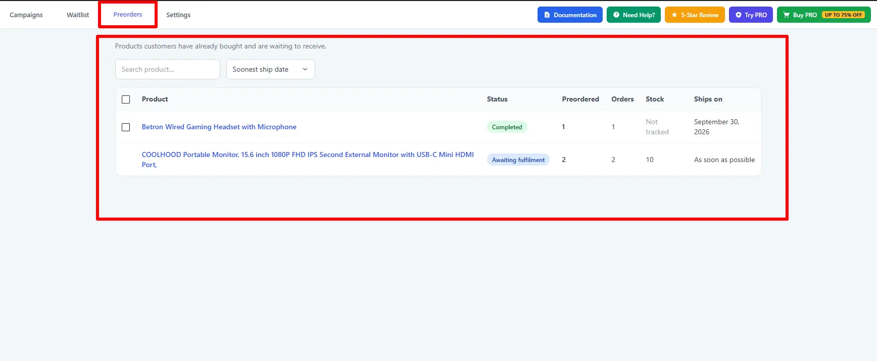The Preorders tab listing preordered products with status, quantities and ship dates