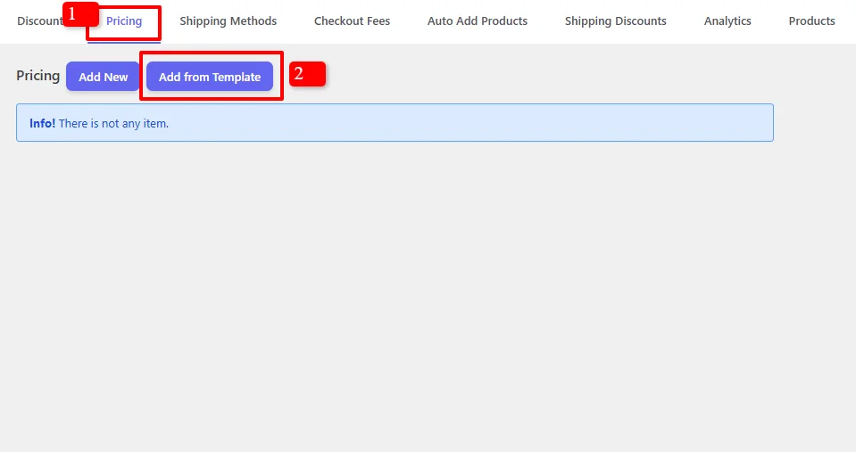 Add from Template button - Pricing tab