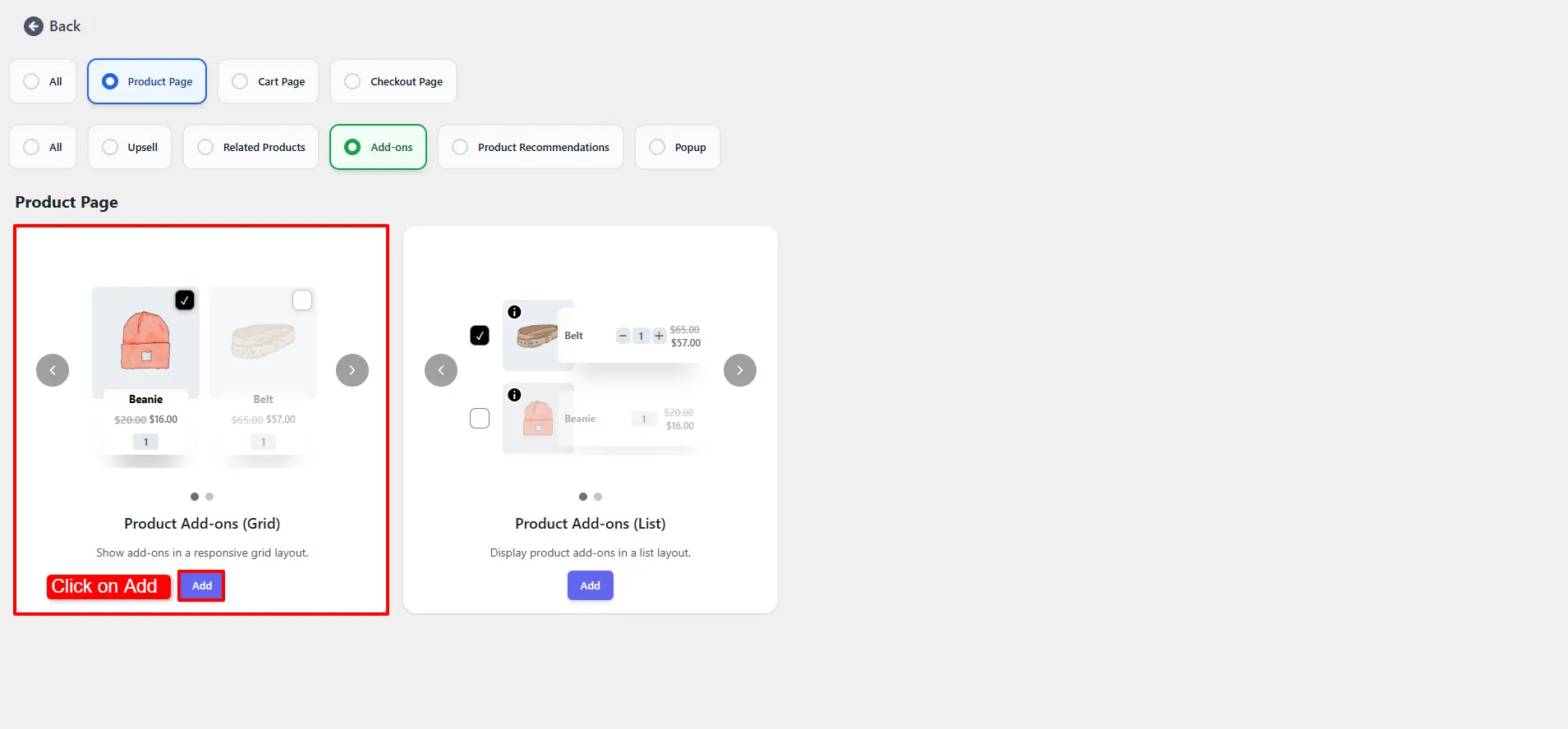 showing Add button for creating a new Product Addons section
