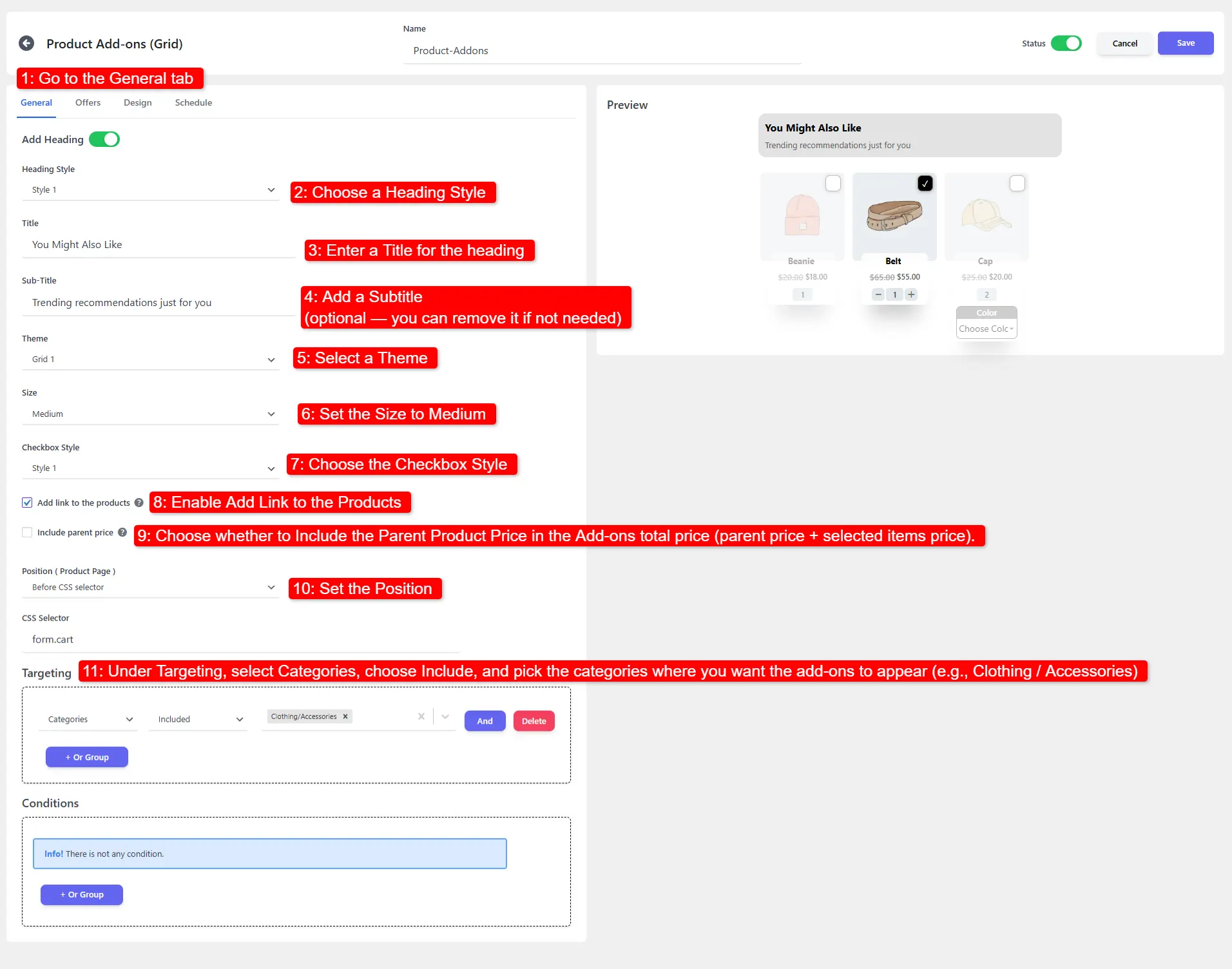 showing General tab configuration options for Product Addons