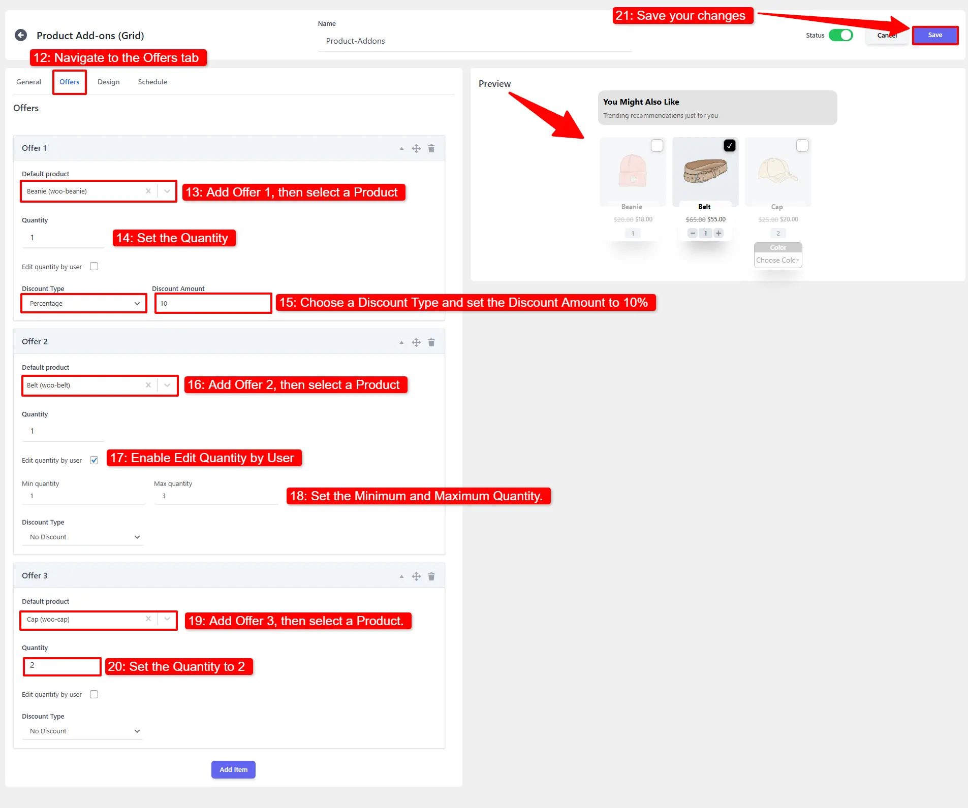 showing the Offers tab configuration for Product Addons with multiple add-on items