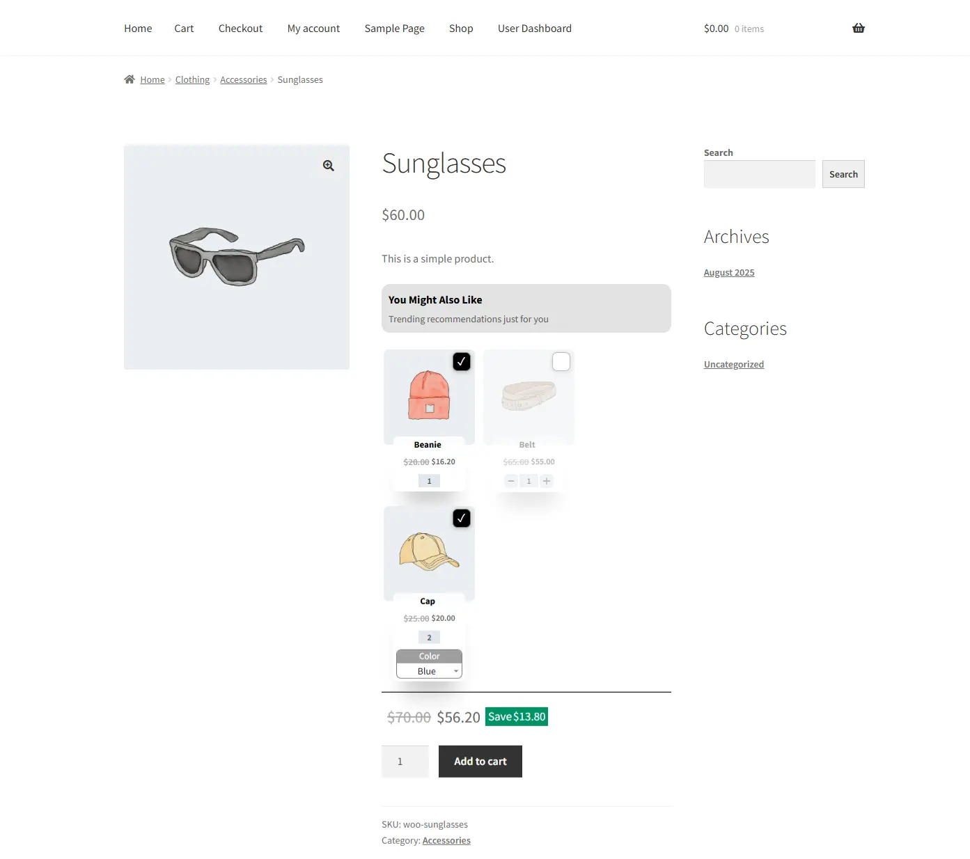 Example preview of Product Addons section showing sunglasses with beanie, belt, and cap as add-on options