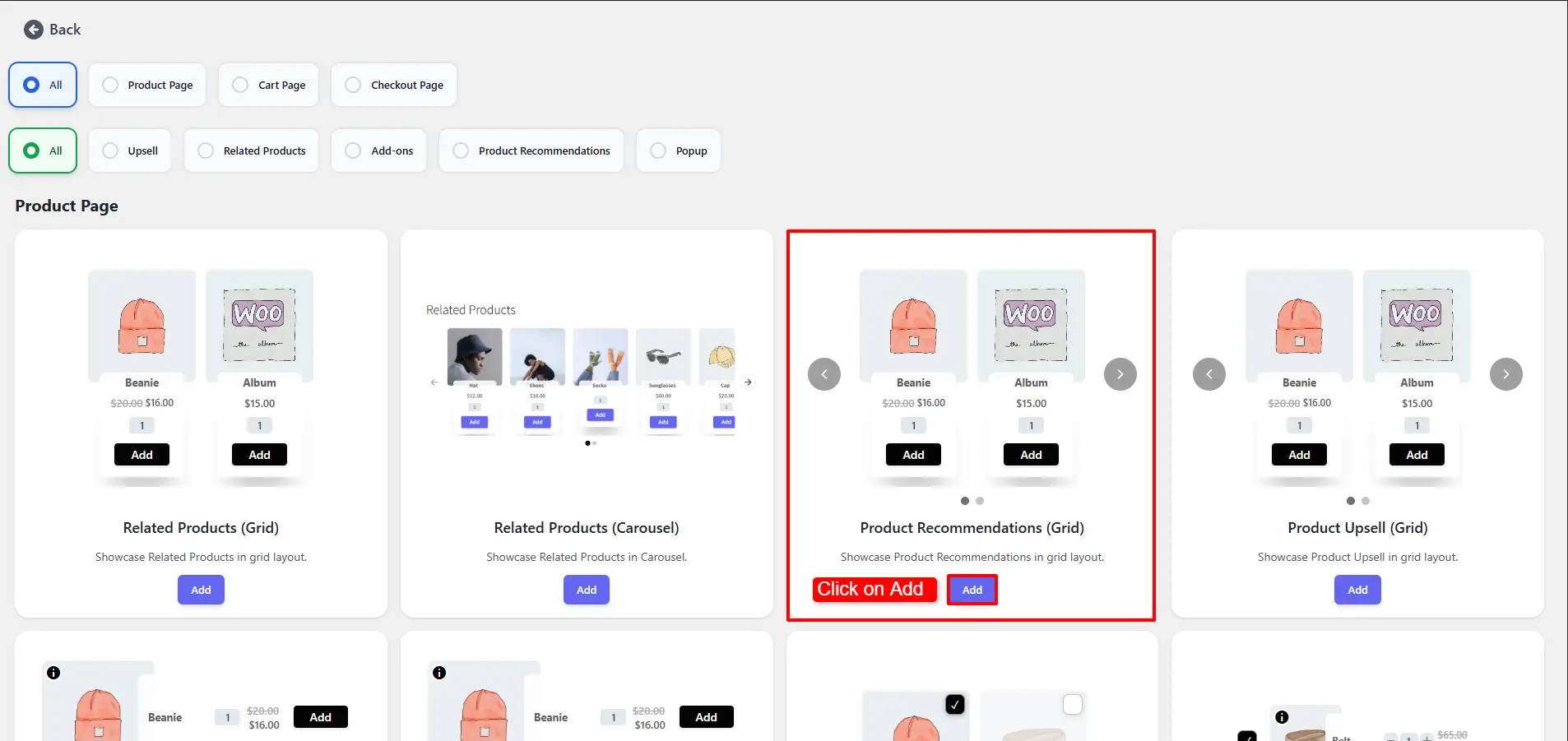 showing the Add button for product recommendations