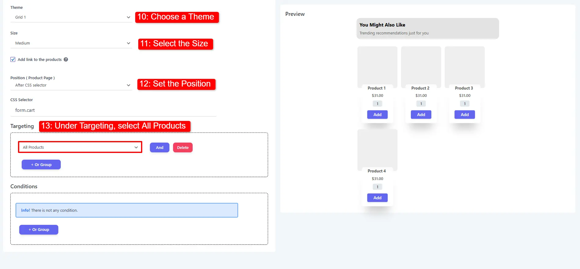 showing theme, size, and targeting settings for product recommendation