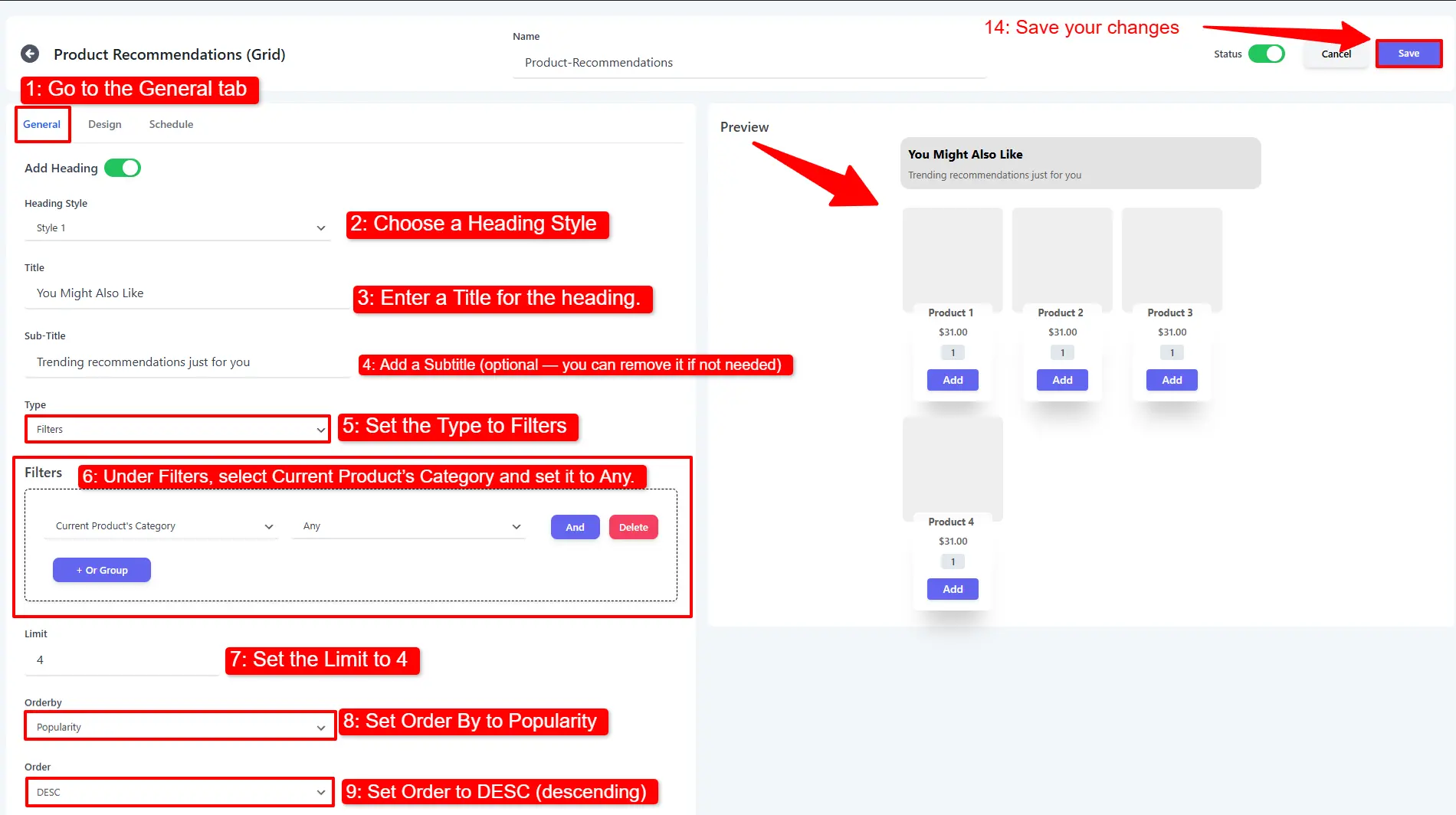 showing general tab and filter configuration for product recommendations