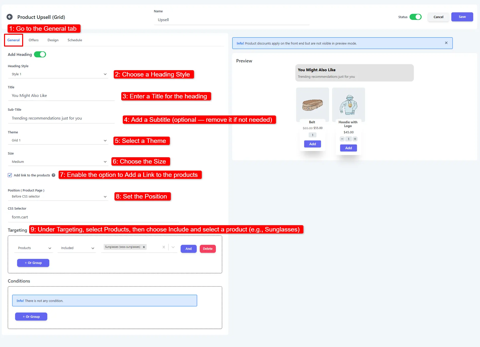 showing targeting settings and product selection for Product Upsell configuration