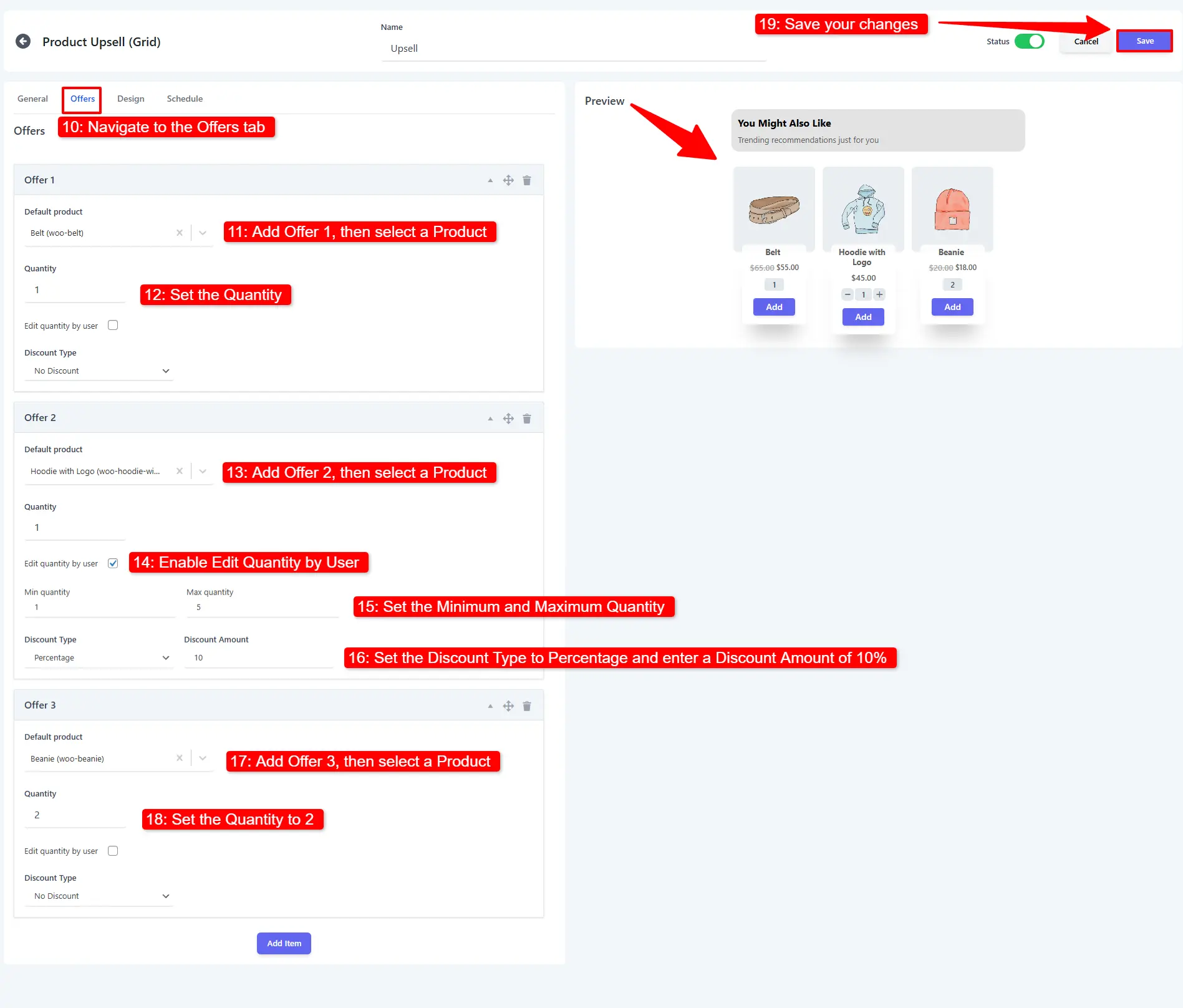 showing Offers tab configuration with multiple upsell items and discount settings