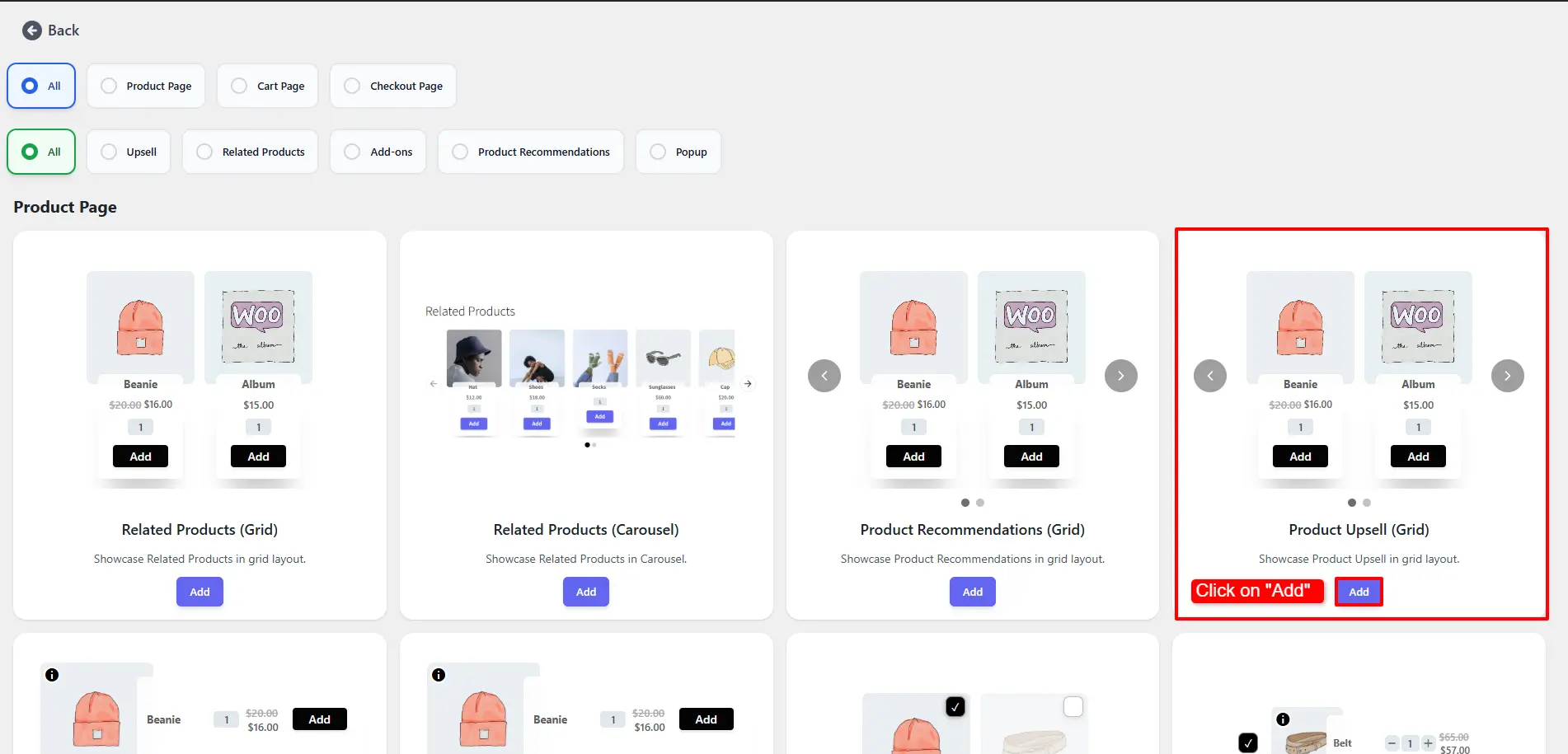 showing Add button for creating a new Product Upsell section