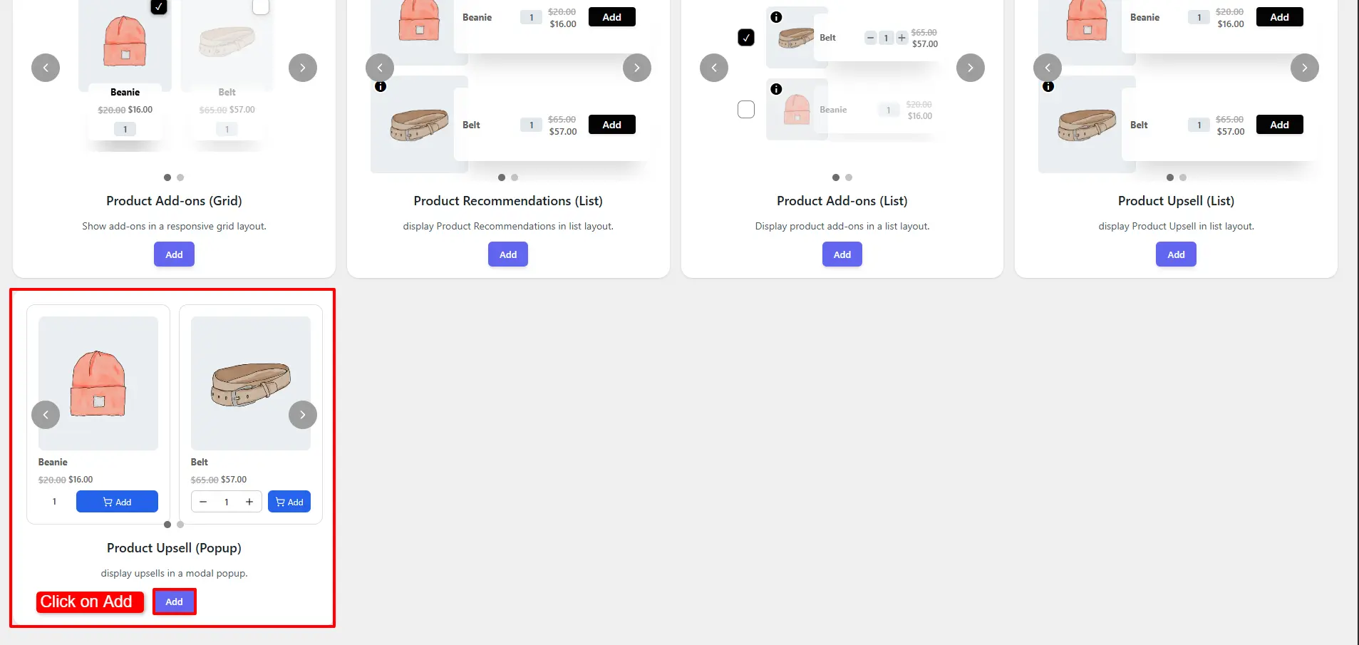 showing the Add button for creating a new Product Upsell Popup