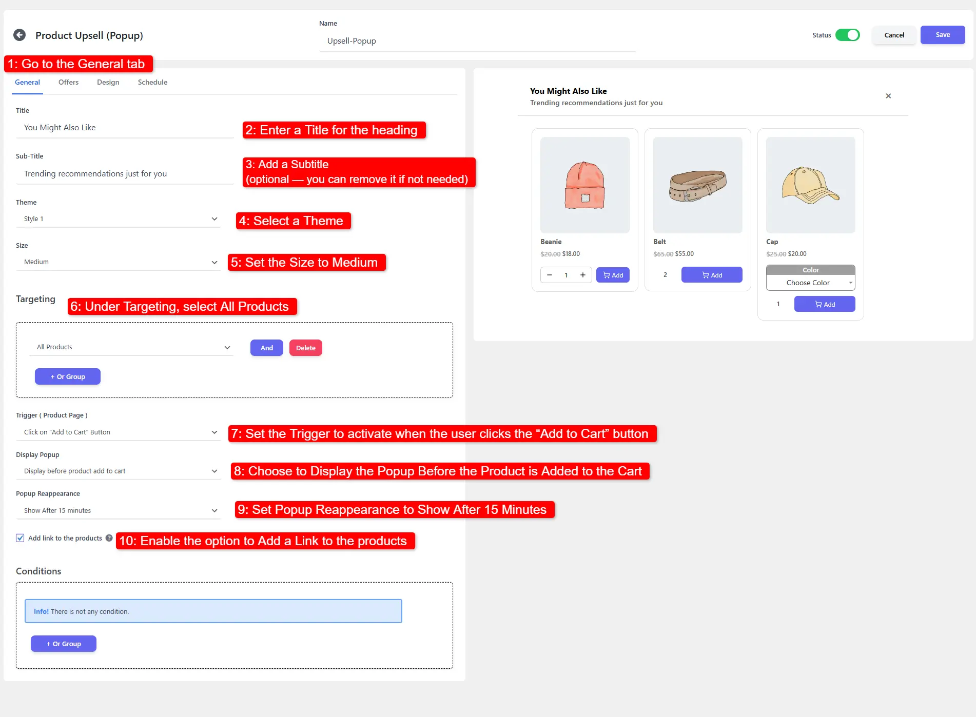 showing general settings, trigger, and display options for Product Upsell Popup