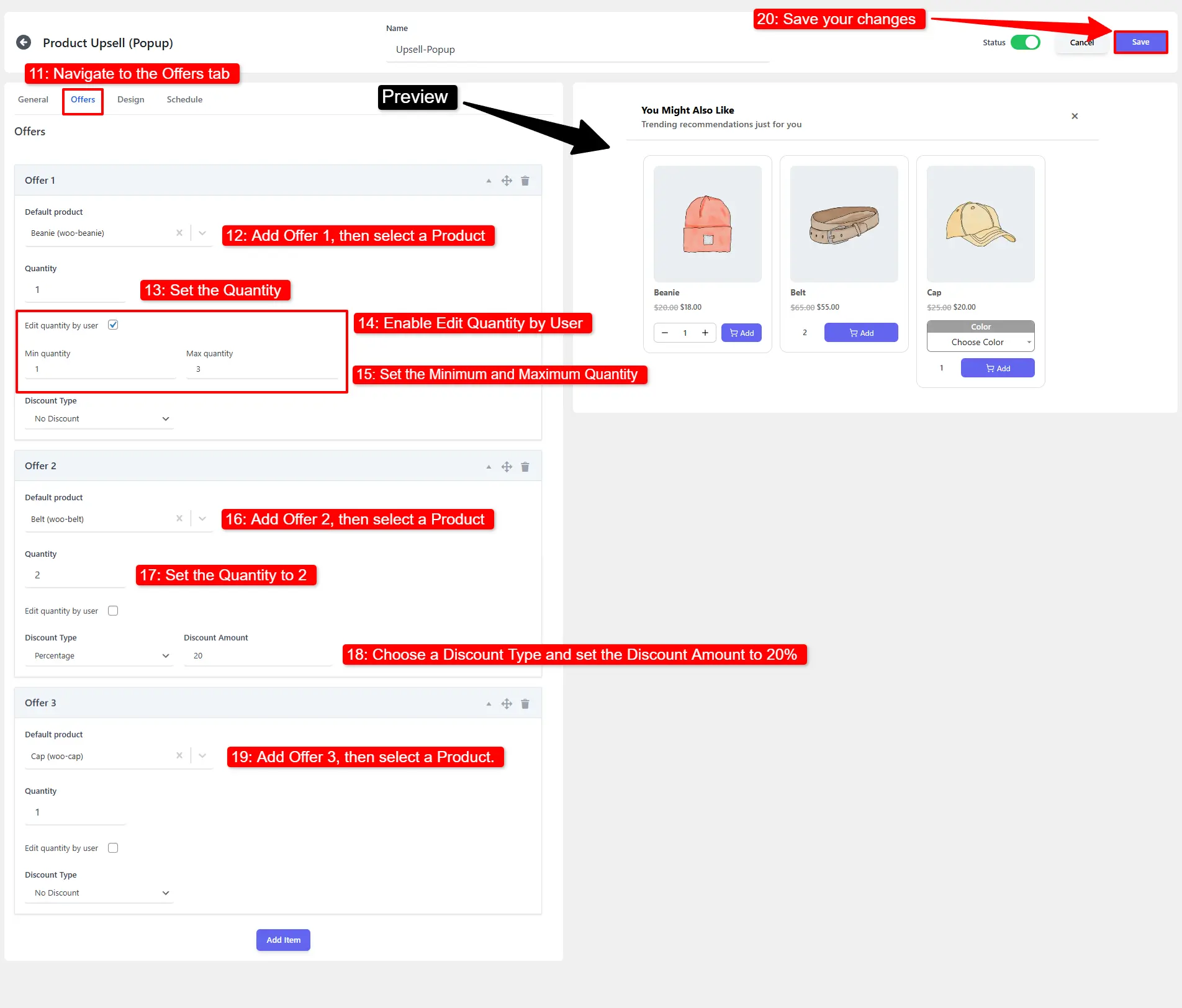 showing the Offers tab configuration with multiple upsell products