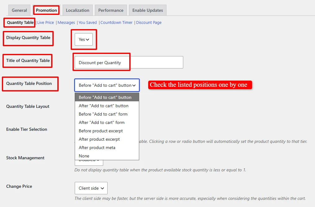 Quantity Table Position settings