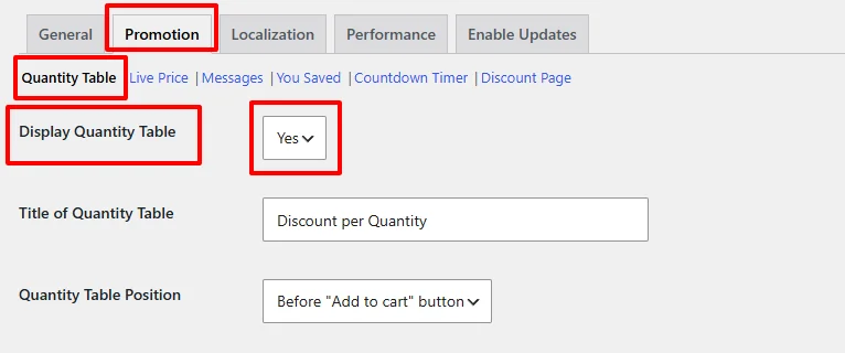 Quantity Table settings