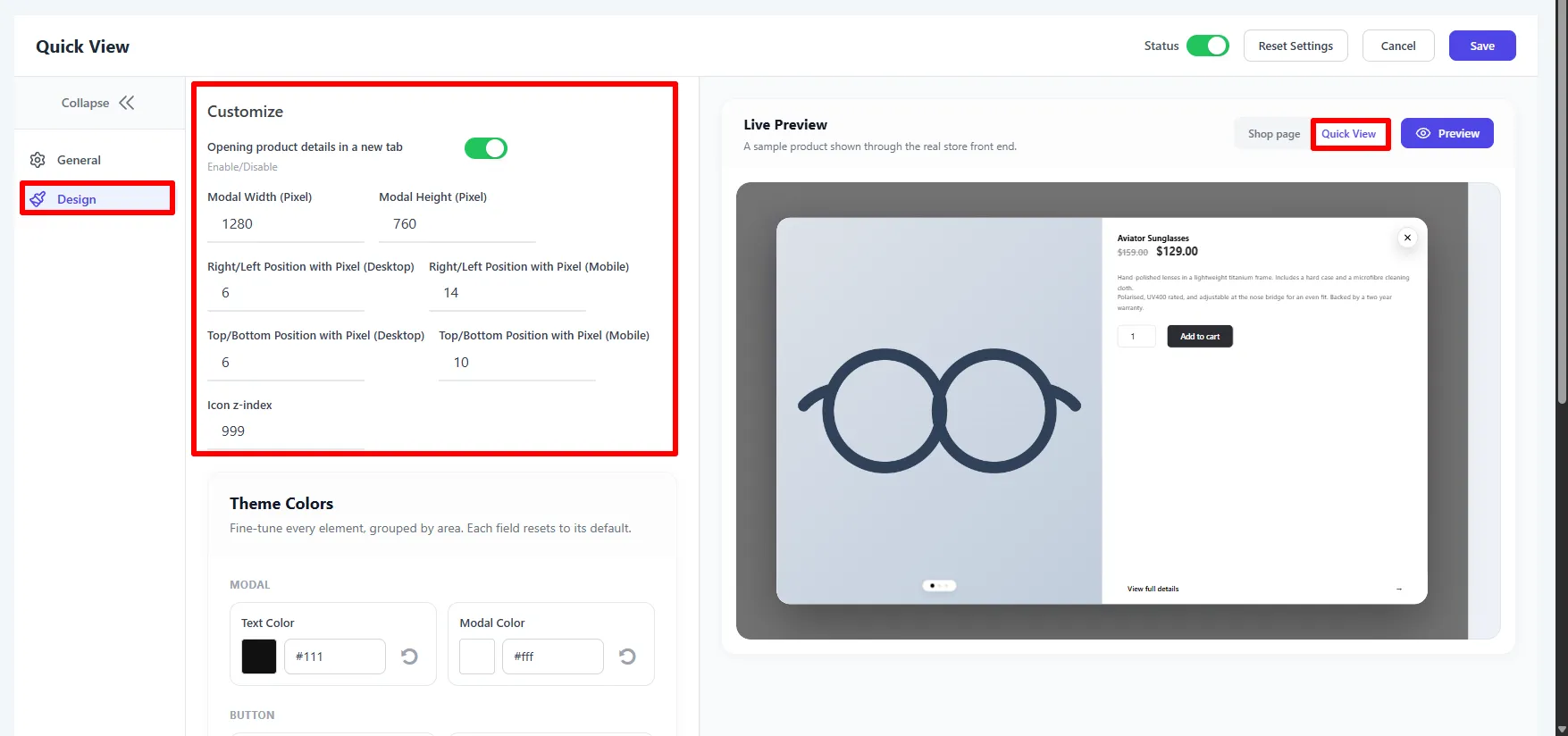 Design tab: modal size, position offsets, and z-index