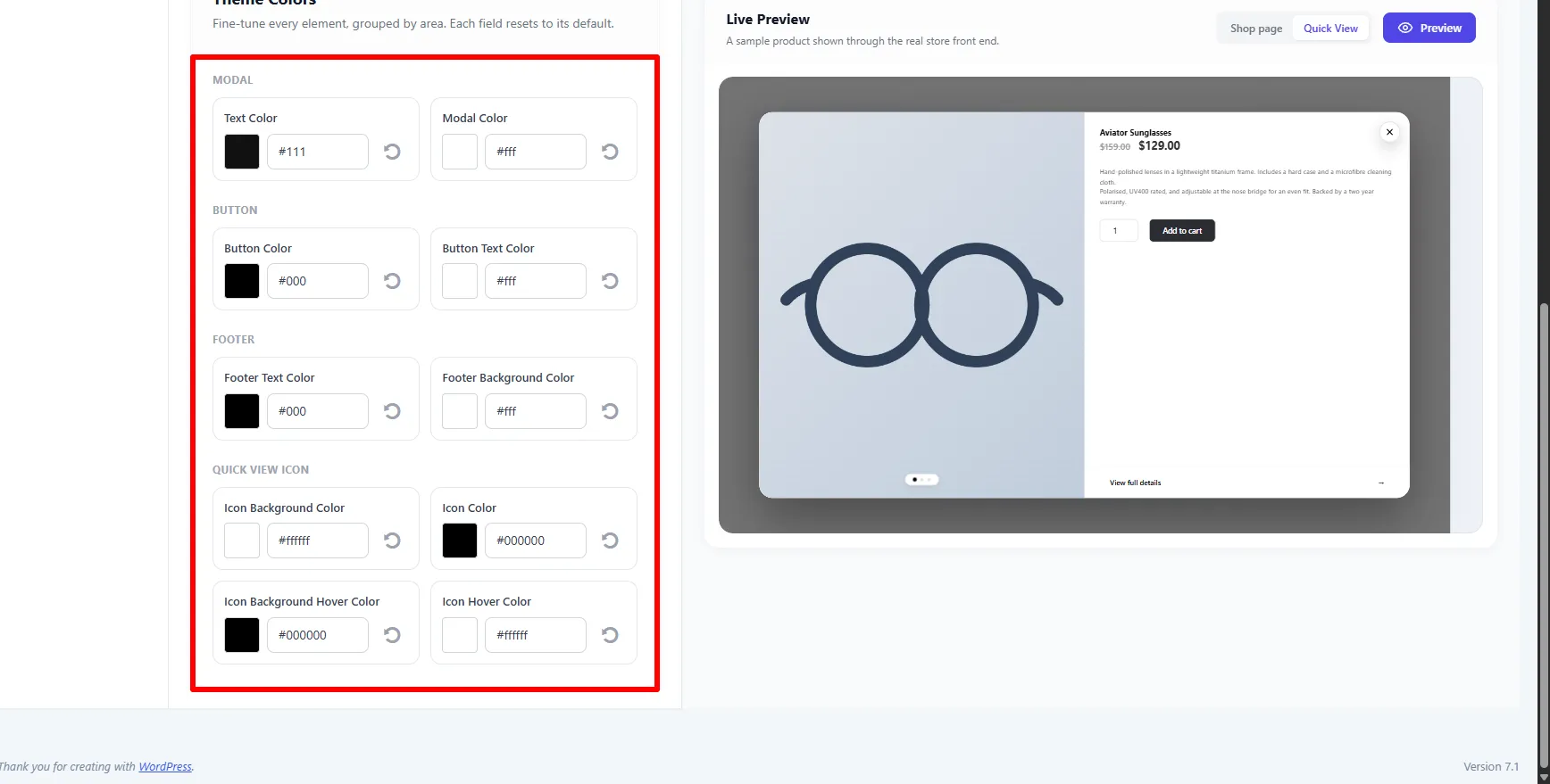 Design tab: grouped Theme Colors (modal, button, footer, icon)