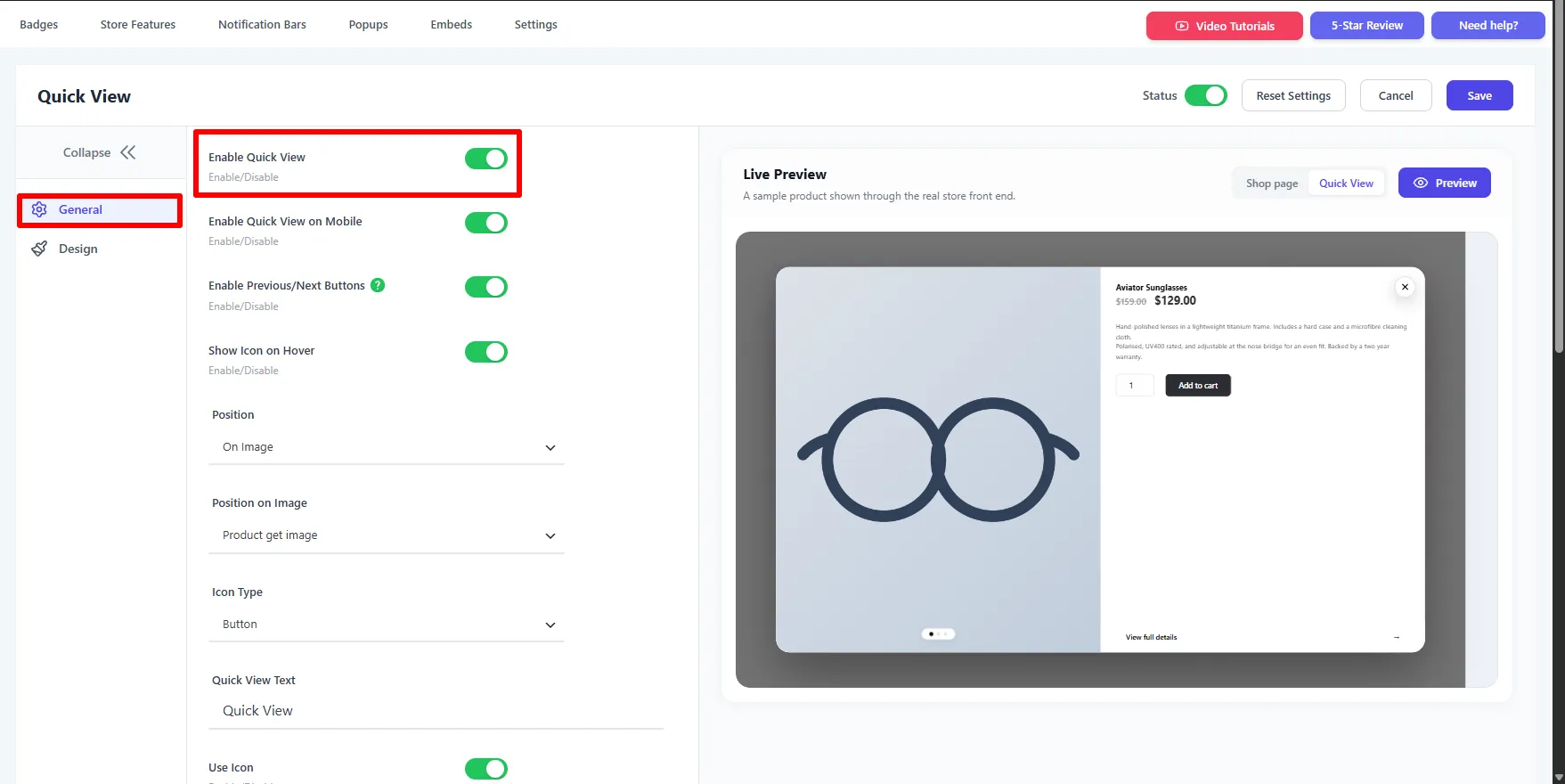 General tab: enable toggles, position, icon type, and the live preview
