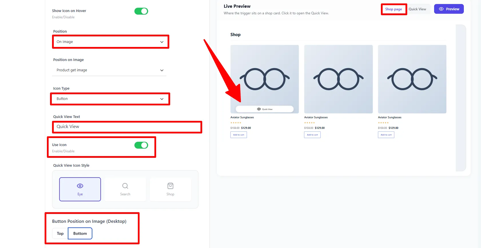 General tab: icon style and button position, with the shop-page preview