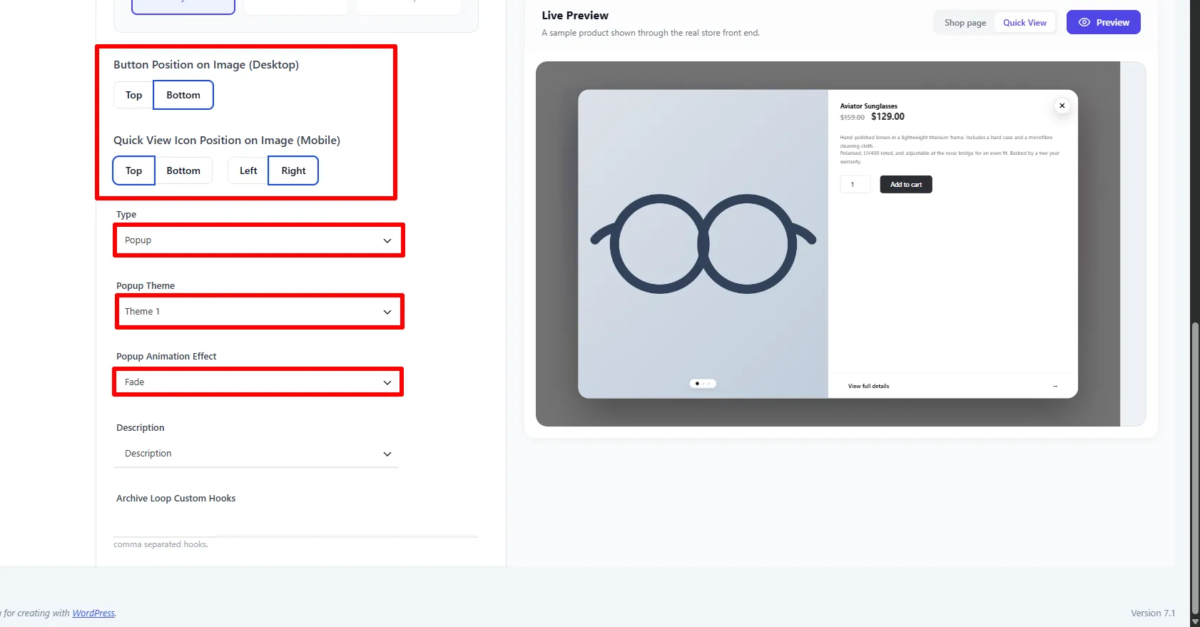 General tab: type, popup theme, animation, and description