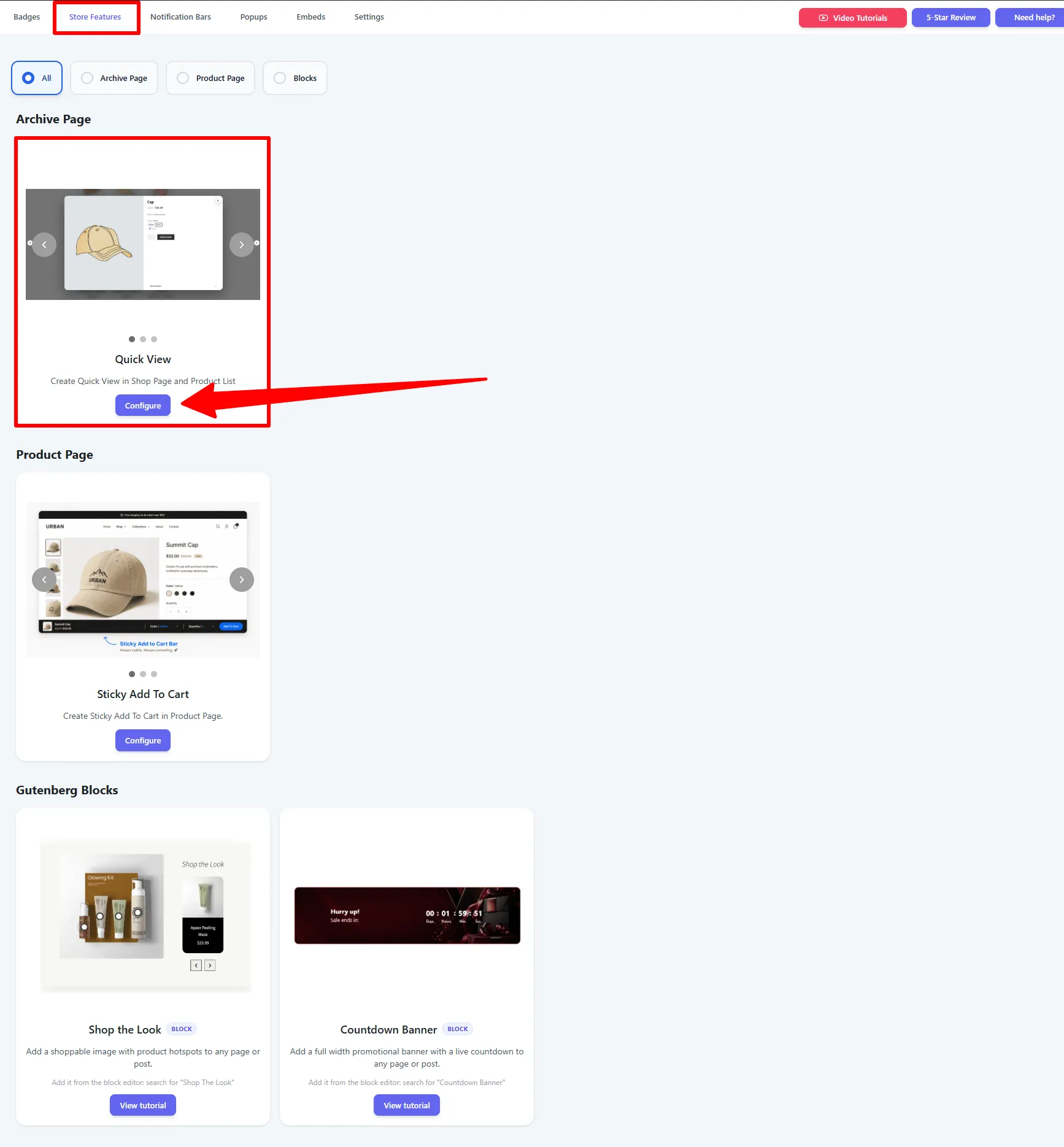 The Store Features tab with the Quick View card