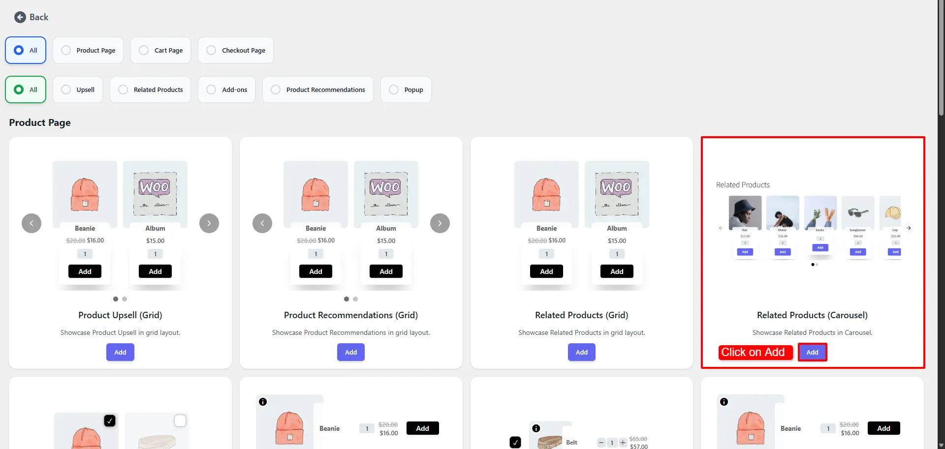 showing Add button for creating a new Related Products section
