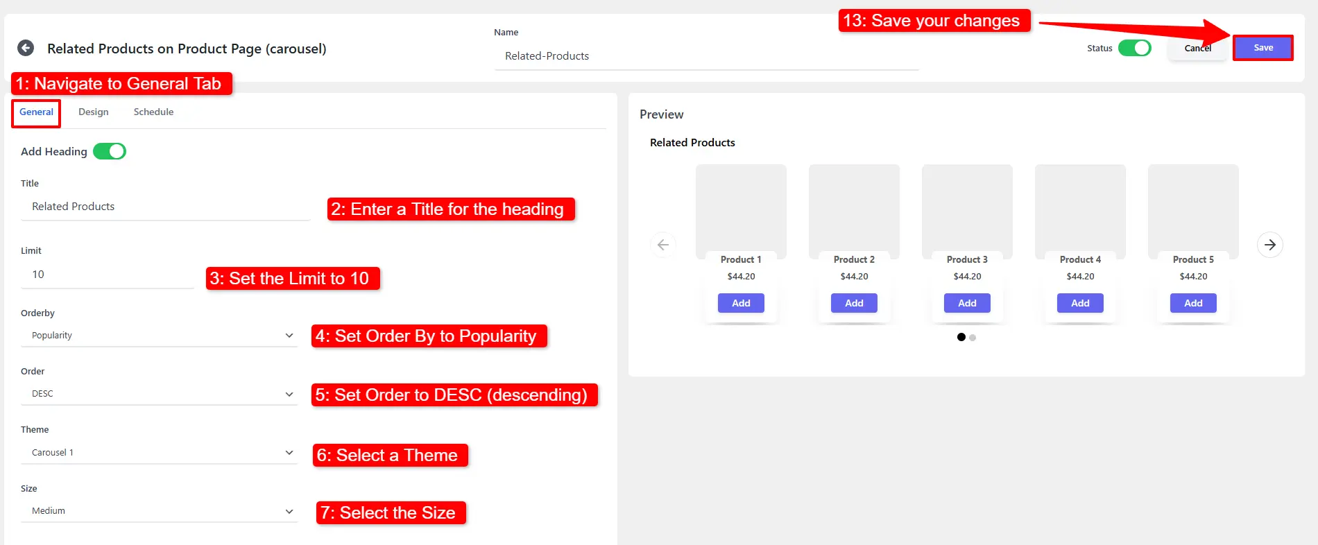 showing General tab and theme options for Related Products configuration