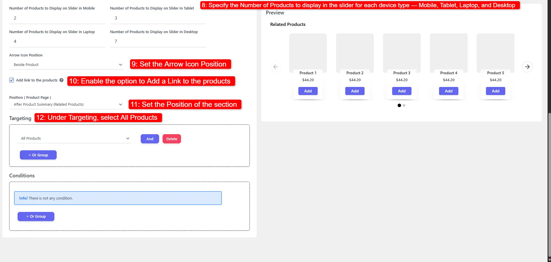 showing positioning and targeting settings for Related Products