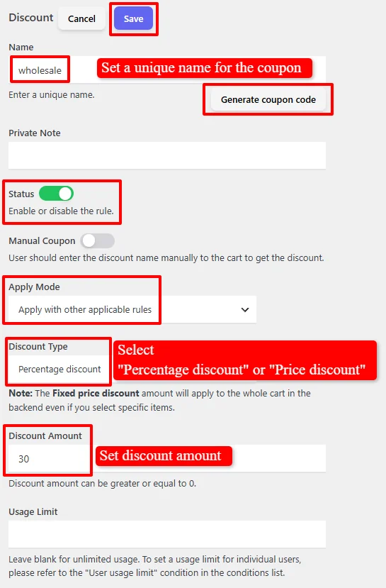 Role based discount configuration