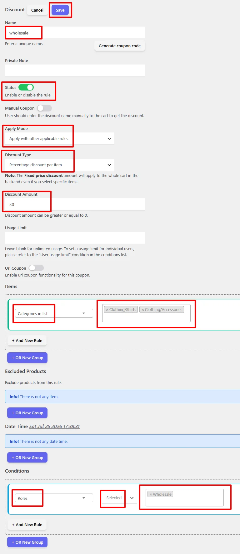 Select user roles for discount