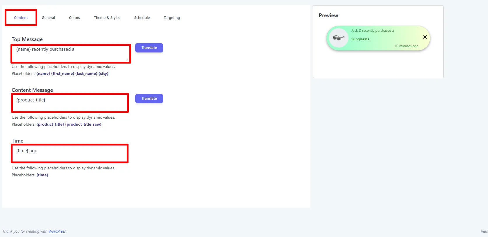 Content tab — Top Message, Content Message, and Time with placeholders