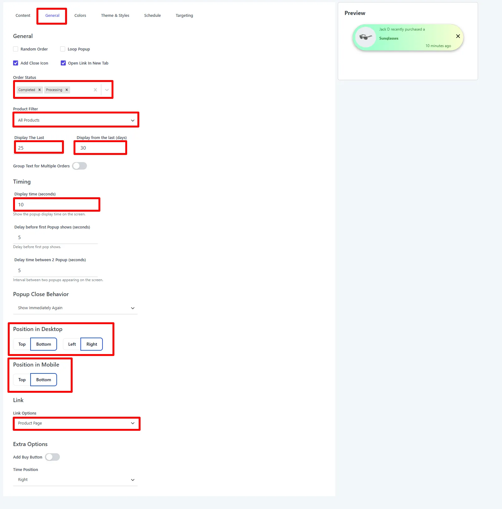 General tab — order status, product filter, recency, timing, position, and link