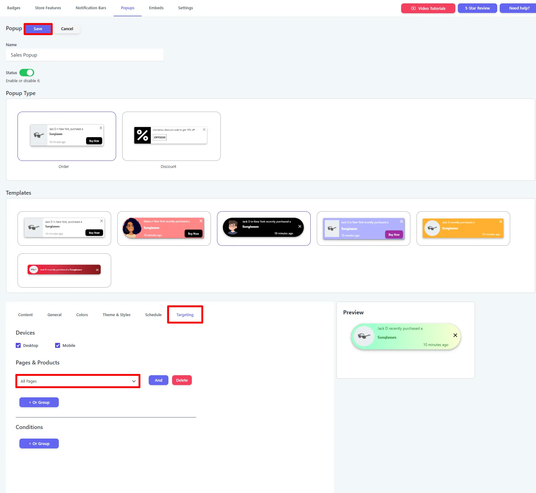 Targeting tab — devices, pages, and conditions with the Save button